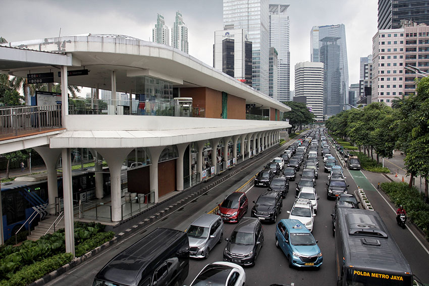 Kemacetan di ruas Jalan Sudirman - Thamrin Jakarta, Sabtu (22/3). [astakom/Antasena]