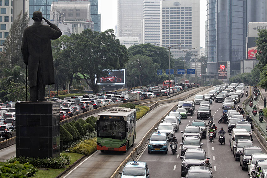 Kemacetan di ruas Jalan Sudirman - Thamrin Jakarta, Sabtu (22/3). [astakom/Antasena]