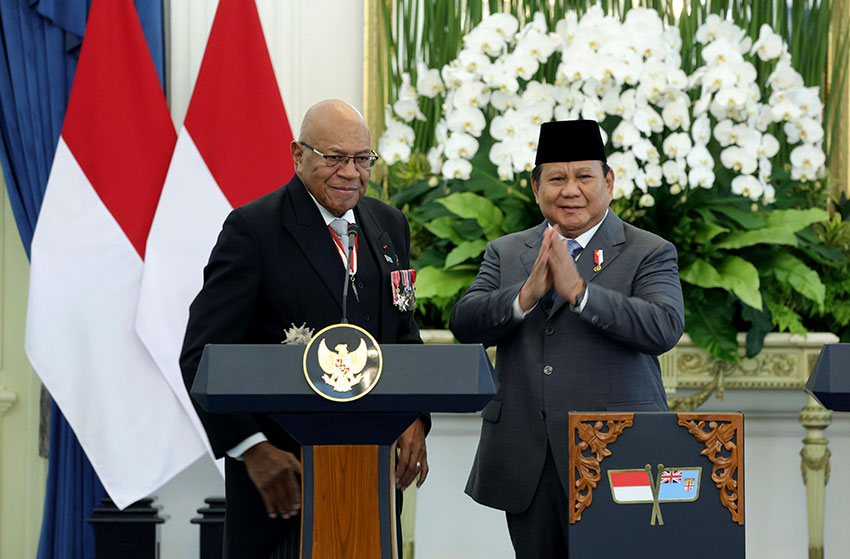 Presiden Prabowo menerima kunjungan resmi Perdana Menteri Fiji Sitiveni Rabuka di Istana Merdeka, Jakarta, Kamis (24/4). [astakom/Tim Media Presiden]