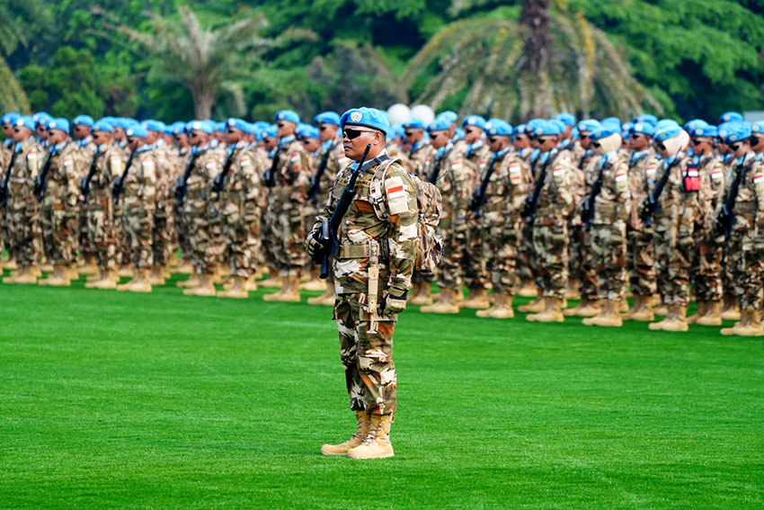 Upacara pemberangkatan Satgas TNI Kontingen Garuda UNIFIL TA. 2025 di Mabes TNI, Cilangkap, Jakarta, Rabu (9/4). [astakom/Puspen TNI]