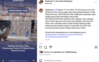 Umumkan Penyitaan Rp11,8 Triliun Kasus CPO, Akun IG Kejagung 'Diserbu' Warganet