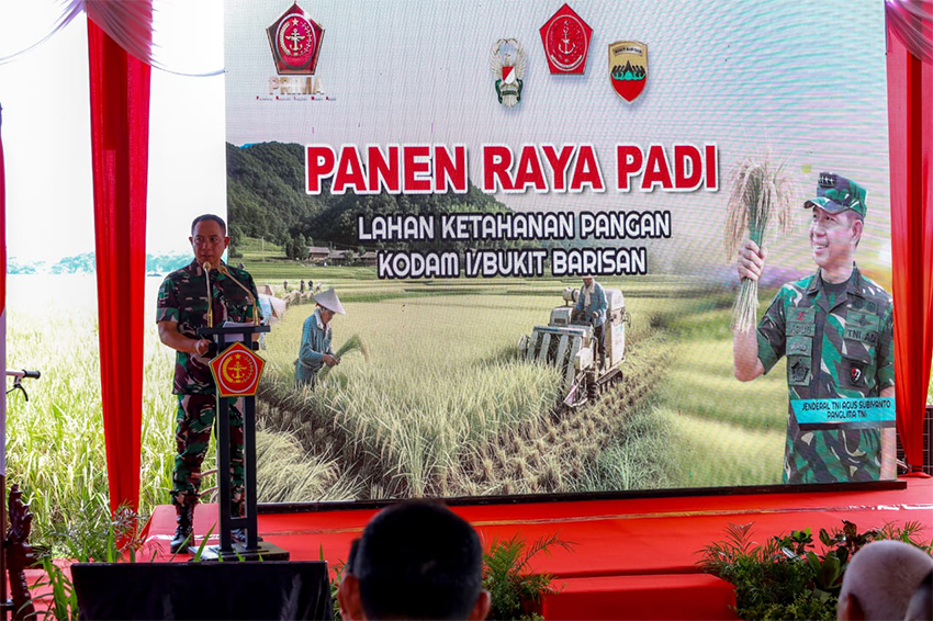Panen Raya Padi di lahan Kodam I/Bukit Barisan, di Desa Sidoarjo Ramunia, Deli Serdang, Sumatera Utara, Kamis (10/7). [astakom/Pen TNI]