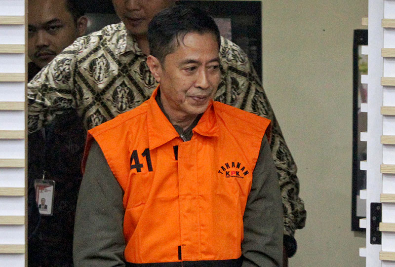 Empat tersangka dugaan korupsi di Kemnaker ditahan, di Gedung KPK, Jakarta, Kamis (17/7). [astakom/str-Antasena]