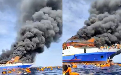 Penumpang KM Barcelona V.A Loncat ke Laut, Kapal Terbakar di Perairan Pulau Talise