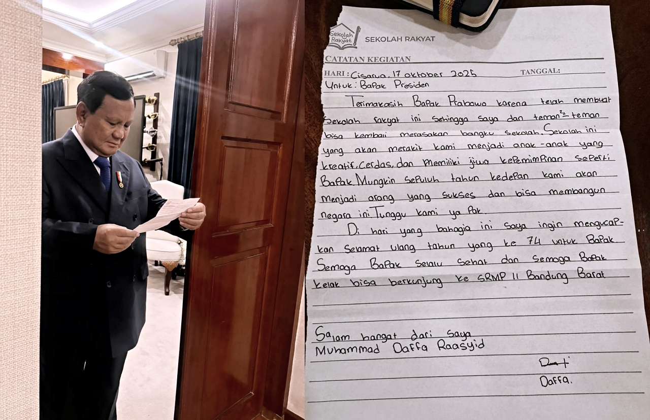 Presiden Prabowo Subianto menerima sepucuk surat istimewa dari Muhammad Daffa Raasyid, seorang siswa Sekolah Rakyat Menengah Pertama II Bandung Barat, Jumat, 24 Oktober 2025. [Tim Media Presiden]